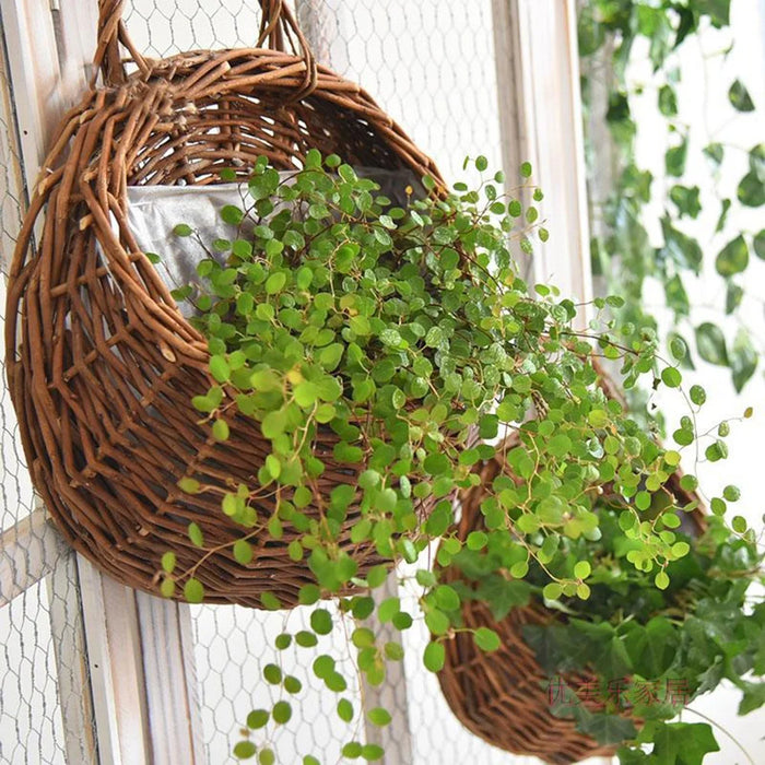 Handmade Wicker Rattan Hanging Planter Basket – Wall-Mounted Flower Pot for Balcony, Garden, and Home Décor