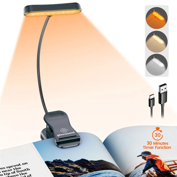 Eye-Caring LED Book Light – Rechargeable & Dimmable with 3 Color Options and Flexible Neck for Bedside Reading and Night Light