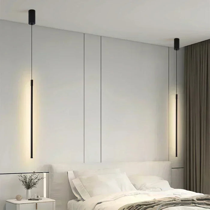 Modern LED Long Pendant Light – Dining Room, Bedroom, Bedside Hanging Lamp – White & Black Line Lighting Fixtures for Home & Hotel Spaces