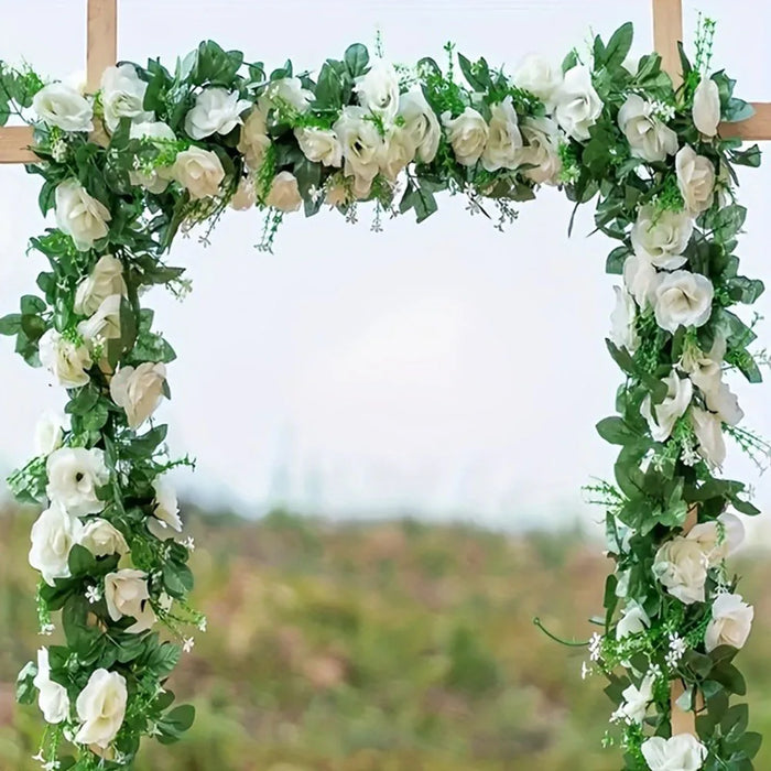 Artificial White Flower Garland – 2.2M Fake Vine with Silk Leaves for Wedding, Home, and Party Decoration
