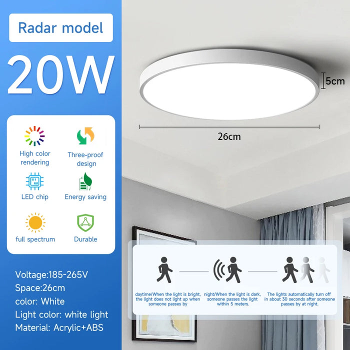 Smart LED Ceiling Light with Radar Motion Sensor – Auto Human Induction Lighting for Bathroom, Garage, Corridor, and Attic