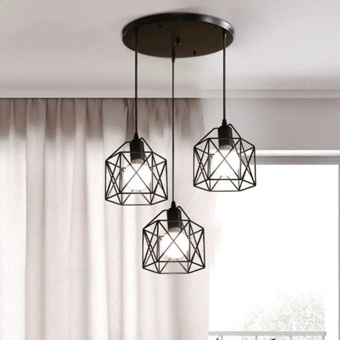 Vintage 3-Head Pendant Lamp – Black Metal Hanging Chandelier with E27 Base for Living Room, Dining Room, and Bedroom