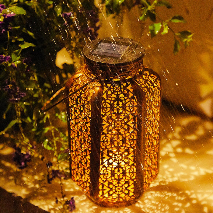 Retro Solar Hanging Lantern – LED Solar Powered Metal Pathway Lamp with Hollow Design for Outdoor Garden, Patio, and Yard Decoration