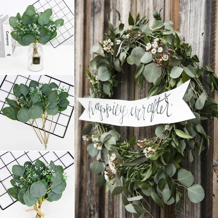 5pcs Artificial Eucalyptus Leaves Branches – Green Fake Plant Bouquet for Wedding, Home Decor, DIY Christmas Wreath, and Gifts
