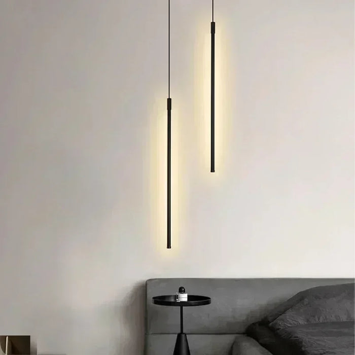 Modern LED Long Pendant Light – Dining Room, Bedroom, Bedside Hanging Lamp – White & Black Line Lighting Fixtures for Home & Hotel Spaces