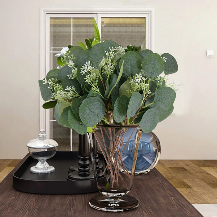 5pcs Artificial Eucalyptus Leaves Branches – Green Fake Plant Bouquet for Wedding, Home Decor, DIY Christmas Wreath, and Gifts