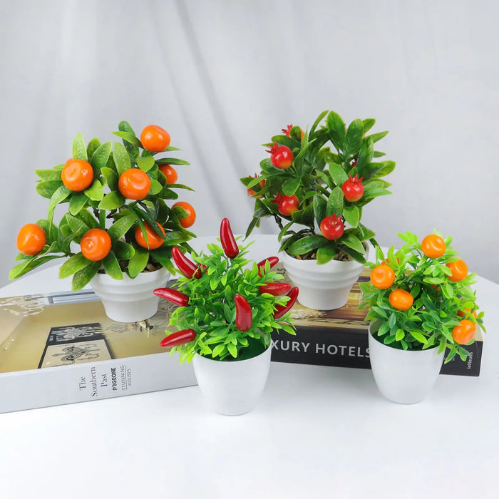 Artificial Bonsai Tree – Potted Orange Pomegranate & Chili Fruit Miniature Plant for Home and Table Decoration