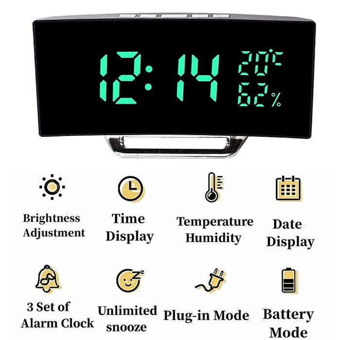 Digital Mirror Alarm Clock – LED Display with Temperature, Humidity, 2 Brightness Levels, Snooze, Night Mode & 12/24H Switch