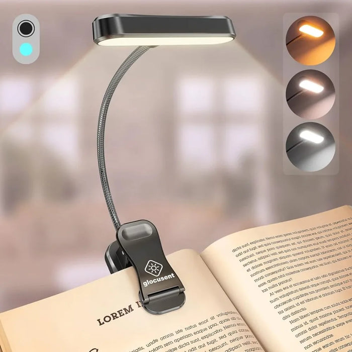 Eye-Caring LED Book Light – Rechargeable & Dimmable with 3 Color Options and Flexible Neck for Bedside Reading and Night Light