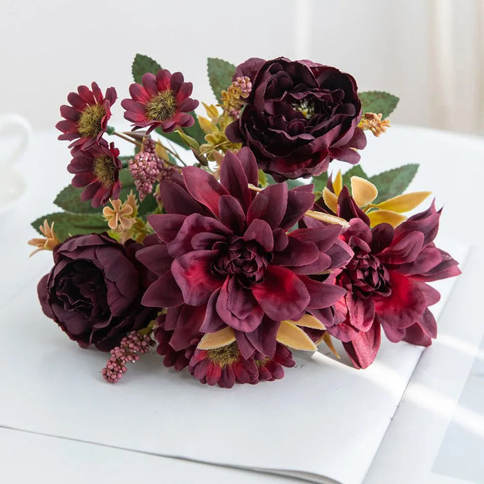 1Pc Artificial Silk Dahlia, Rose & Daisy Flower Bouquet – Wedding, Party, Home Decoration – DIY Floral Arrangement for Bridal Bouquets