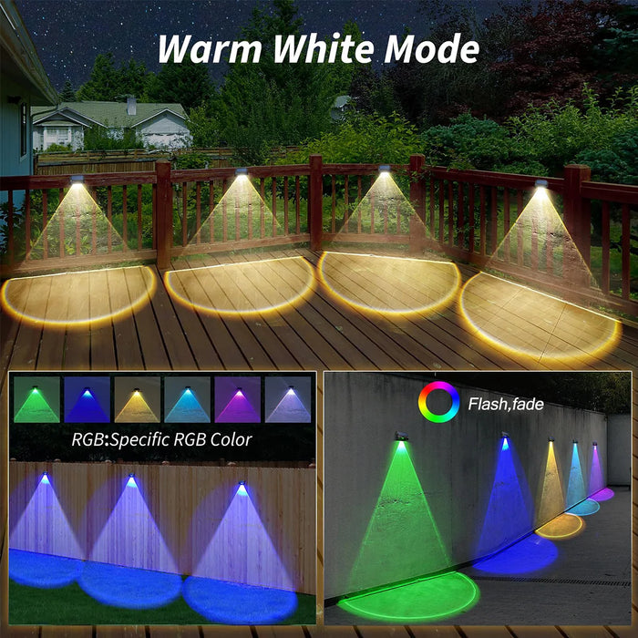 RGB Solar Fence Lights – Outdoor Waterproof Wall and Deck Lamp with 8 Color Modes & Dusk-to-Dawn Sensor for Garden, Patio, Railing, and Steps