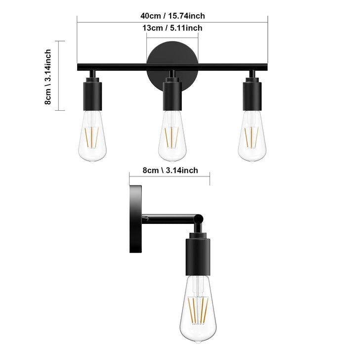 Vintage 3-Head Wall Lamp – Modern Black Metal E27 LED Bathroom Mirror Light for Bedroom, Living Room, Hallway, and Aisle