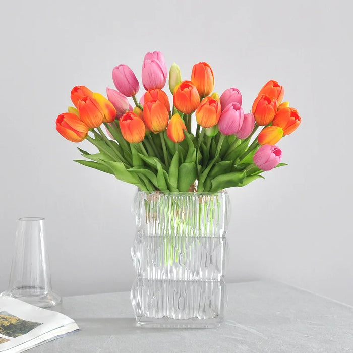 5 Short Pole Tulips Artificial Bouquet – Soft Rubber Silk Tulips for Home Decoration, Weddings, and Photography Props