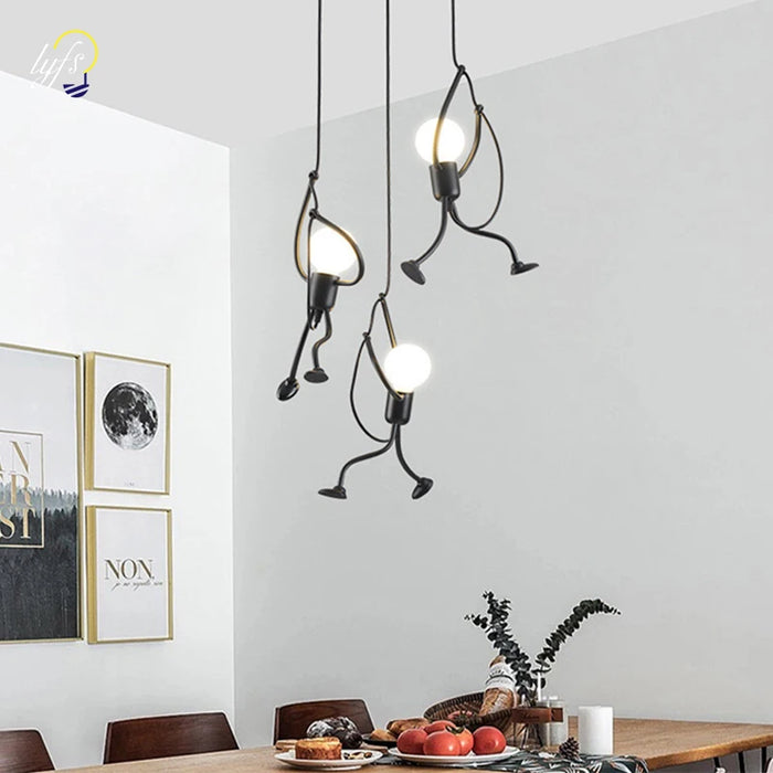 Vintage LED Pendant Light – Iron Little Man Hanging Lamp for Home, Children's Room, Dining Table, and Living Room Decoration