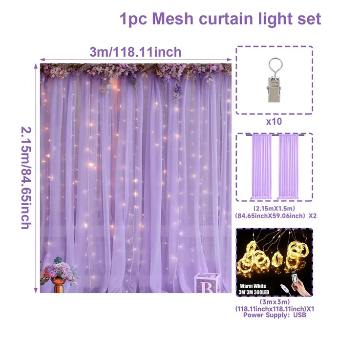 Set of 2 Tulle Backdrop Curtains with Lights – Wedding, Party, Baby Shower, and Photo Shoot