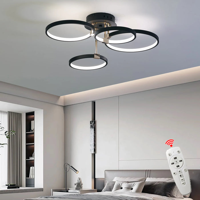 Modern Dimmable LED Ceiling Light – 4/6 Ring Chandelier with Remote Control, Adjustable Color Temperature for Living Room, Bedroom, and Dining Room