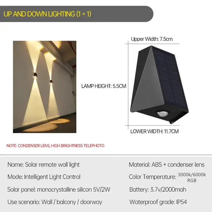 Outdoor Solar LED Wall Light – IP54 Waterproof Up & Down Garden Lamp with Solar Panel, ABS Construction for Yard, Street, and Patio