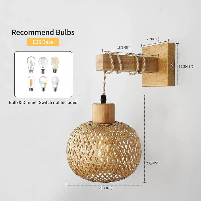 Retro Japanese Bamboo Wall Lamp – Rattan Lighting for Bedroom, Kitchen, Dining Room, and Farmhouse Decor