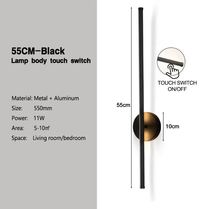 Black Dimmable LED Wall Lamp with Touch Switch – 360° Rotatable Wall Sconce for Bedroom, Living Room, and Indoor Spaces