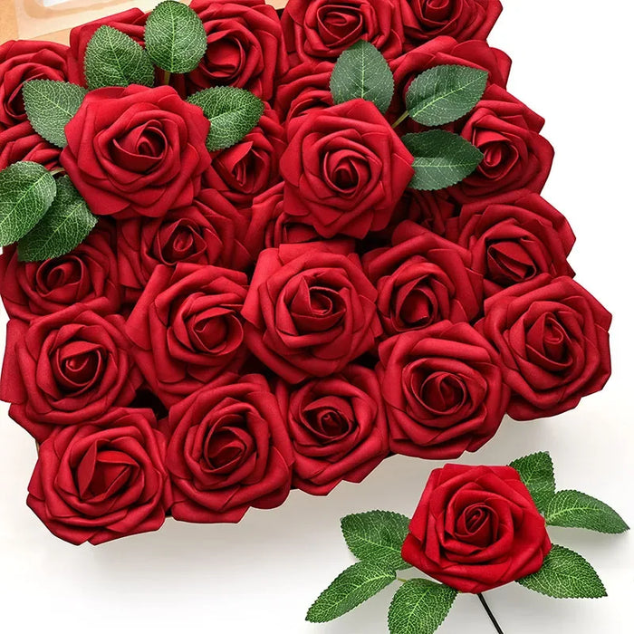 25/10PCS Red Artificial Roses with Stems – Realistic Fake Roses for DIY Wedding Bouquets, Party & Home Decorations