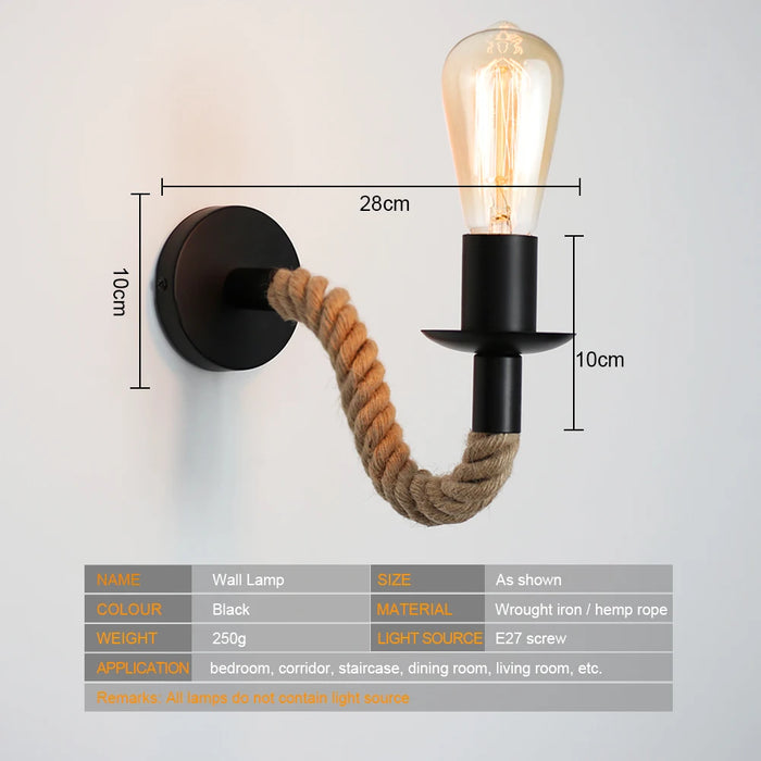 Vintage Hemp Rope Industrial Wall Lamp – E27 Retro Loft Wall Light Fixture for Bedroom, Living Room, Kitchen, and Bathroom