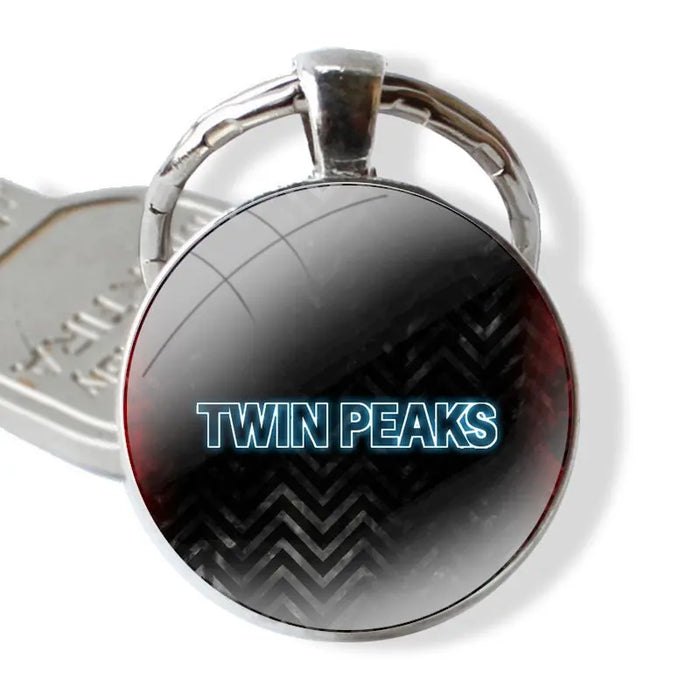 Handmade Glass Cabochon Keychain – Modern Geometric Design, Twin Peaks Black and White Pendant Key Ring Holder