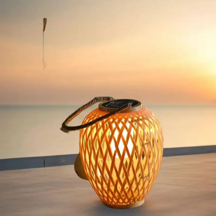 Outdoor Solar Lantern Night Light – Waterproof Hanging Imitation Bamboo Weaving Table Lamp for Garden, Patio, and Party Decoration