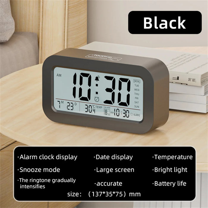 Battery Powered LCD Alarm Clock with Temperature, Date, Week & 3 Alarms – Backlight, Snooze & Night Vision Function – 12/24H Digital Clock