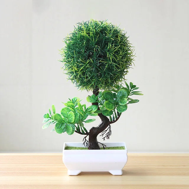 Artificial Bonsai Plants – Small Green Tree with Grass & Flower Potted Decoration for Home, Office, and Wedding Decor