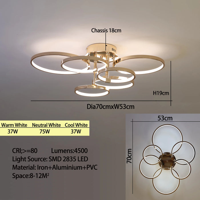 Modern Dimmable LED Ceiling Light – 4/6 Ring Chandelier with Remote Control, Adjustable Color Temperature for Living Room, Bedroom, and Dining Room