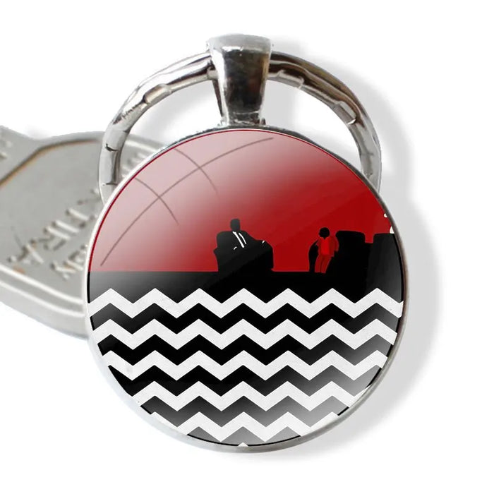 Handmade Glass Cabochon Keychain – Modern Geometric Design, Twin Peaks Black and White Pendant Key Ring Holder