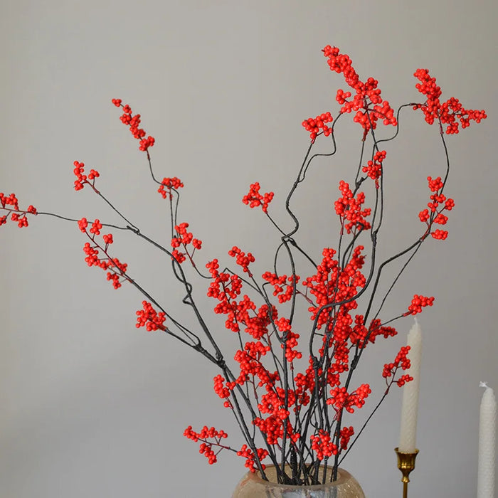 120CM Chinese Style Zen Flower Arrangement – Artificial Red Berry and Green Fruit Skewers for Home, Tea Table, and Winter Decoration