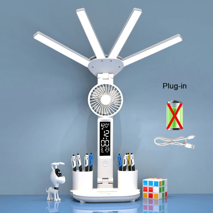 Rechargeable LED Desk Lamp with Fan, Clock Display, and 3-Color Dimming for Study and Reading