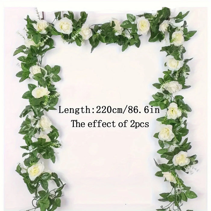 Artificial White Flower Garland – 2.2M Fake Vine with Silk Leaves for Wedding, Home, and Party Decoration
