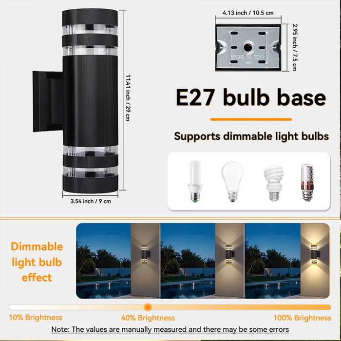 Outdoor Waterproof LED Wall Light – E27 Bulb, Up & Down Facade Lighting for Garden, Stairs, and Entrance