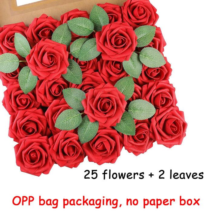 25pcs Artificial Red Roses with Stems – Fake Flowers for DIY Wedding Bouquets, Centerpieces, Party & Home Decorations