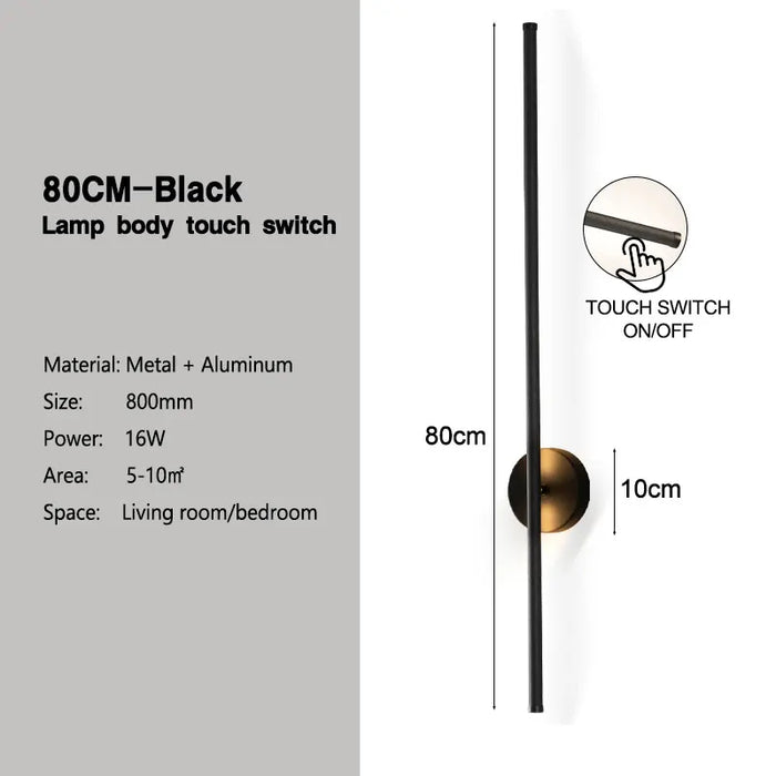 Black Dimmable LED Wall Lamp with Touch Switch – 360° Rotatable Wall Sconce for Bedroom, Living Room, and Indoor Spaces