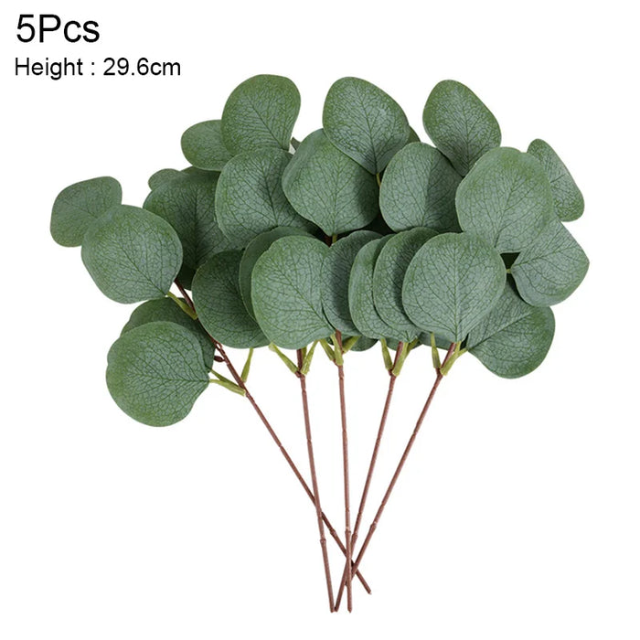 5pcs Artificial Eucalyptus Leaves Branches – Green Fake Plant Bouquet for Wedding, Home Decor, DIY Christmas Wreath, and Gifts