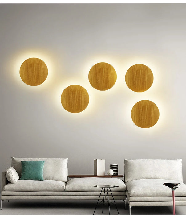 Nordic Round LED Wooden Wall Lamp – Modern Wall-Mounted Light for Bedroom, Stairway, and Foyer