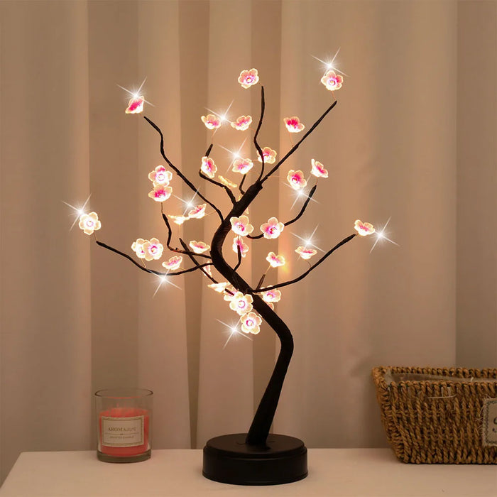 Cherry Blossom Bonsai Tree LED Night Light – USB/Battery Powered Touch Switch Desk Lamp for Home, Office, and Holiday Decoration