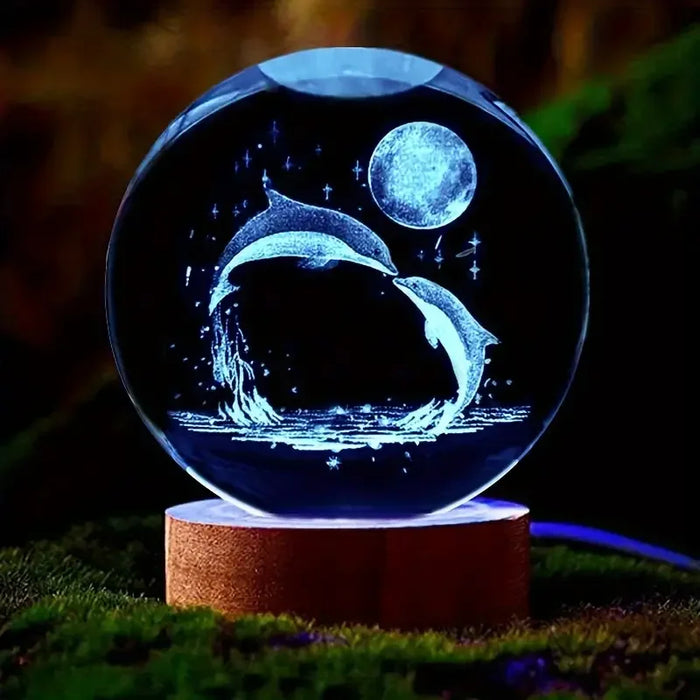 3D Dolphin Moon Crystal Ball Lamp – Laser Etched Marine Animal Night Light for Bedroom & Living Room Decor