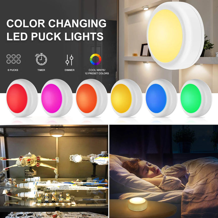 Battery-Powered LED Puck Lights – 13-Color Remote-Control Interior Closet Light for Wardrobe, Under-Cabinet, and Night Lighting