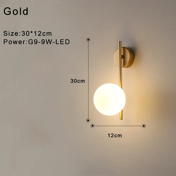 Indoor Glass Ball LED Wall Light – Modern Wall Sconce with G9 9W Bulb for Bedroom, Kitchen, and Living Room - Black & Gold Design