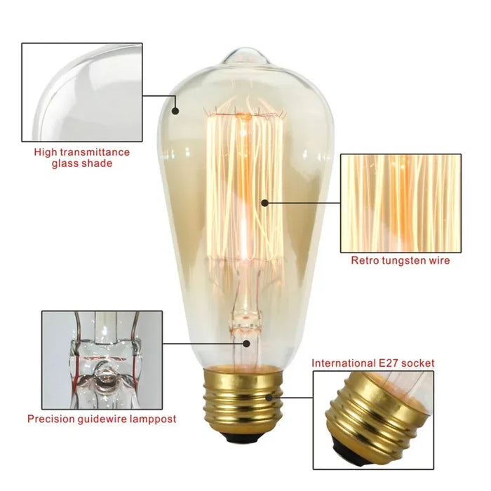 Edison Vintage Light Bulb E27 40W - Retro Filament Incandescent Bulb for Living Room, Bedroom, and Dining Room - Available in ST64, A19, G80, G95, T10, T45, T185 Shapes