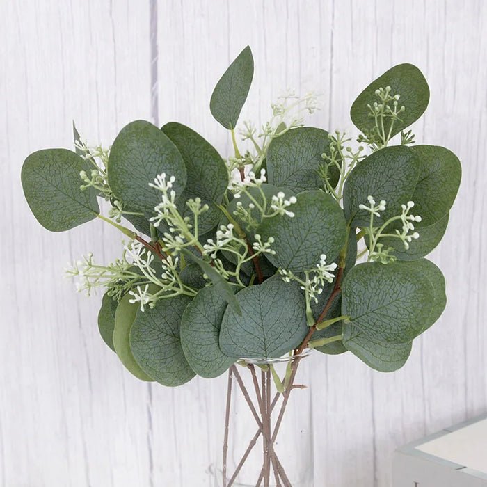 5pcs Artificial Eucalyptus Leaves Branches – Green Fake Plant Bouquet for Wedding, Home Decor, DIY Christmas Wreath, and Gifts