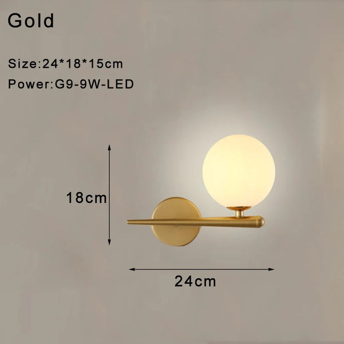 Indoor Glass Ball LED Wall Light – Modern Wall Sconce with G9 9W Bulb for Bedroom, Kitchen, and Living Room - Black & Gold Design