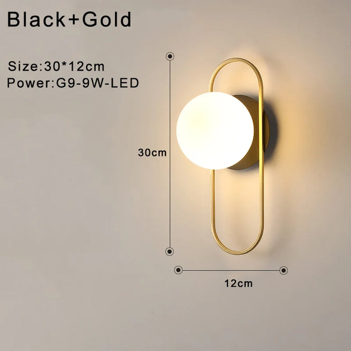 Indoor Glass Ball LED Wall Light – Modern Wall Sconce with G9 9W Bulb for Bedroom, Kitchen, and Living Room - Black & Gold Design