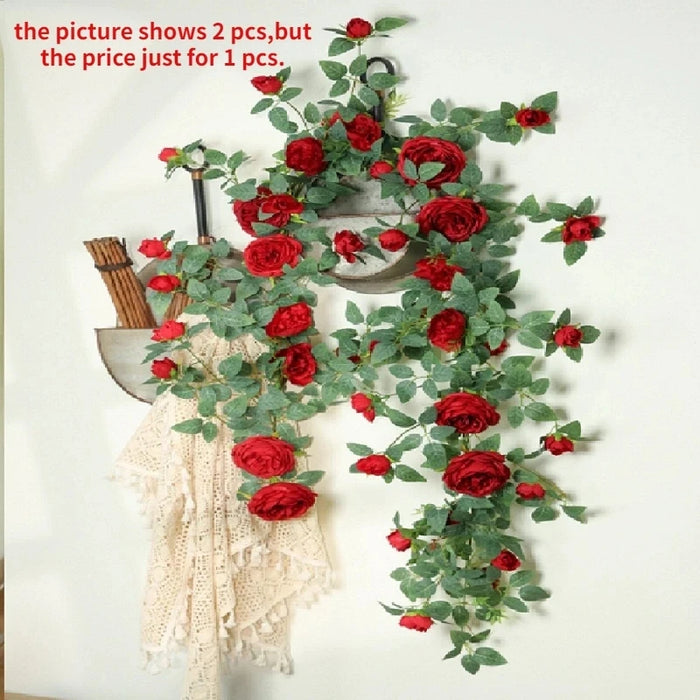 Artificial Sweetheart Roses Vine – Silk Red and Orange Rose Flower Rattan Vine for Home, Wedding, and Café Decoration