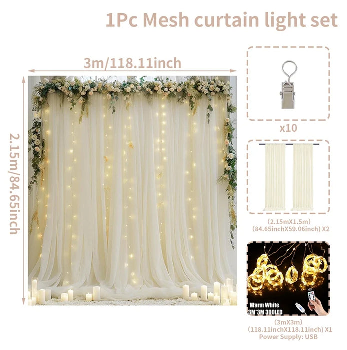 Set of 2 Tulle Backdrop Curtains with Lights – Wedding, Party, Baby Shower, and Photo Shoot