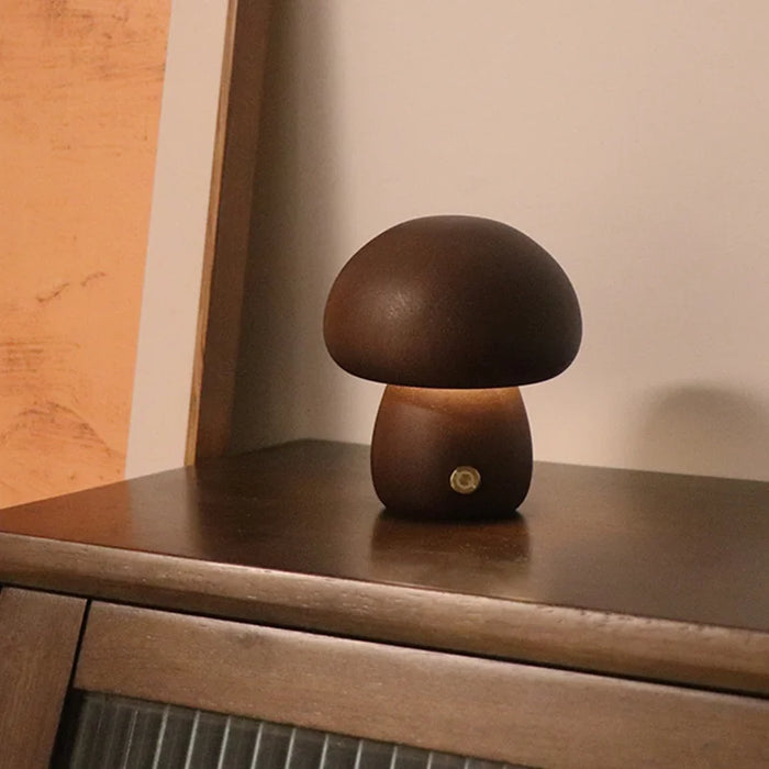 Cute Mushroom LED Night Light – Wooden Bedside Table Lamp with Touch Switch, Adjustable Brightness, and Portable USB Charging